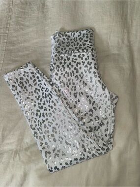 Fabletics White Leggings with Silver Leopard Print